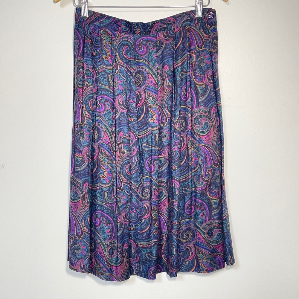 Vintage 80s/90s Women's Purple Paisley Pleated‎ Midi Skirt with pockets Size 12